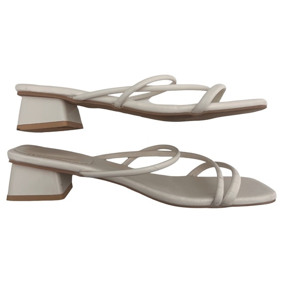 Leather Off-White Ivory Strappy Block Heel Square Toe Sandals Shoes - Picture 4 of 12